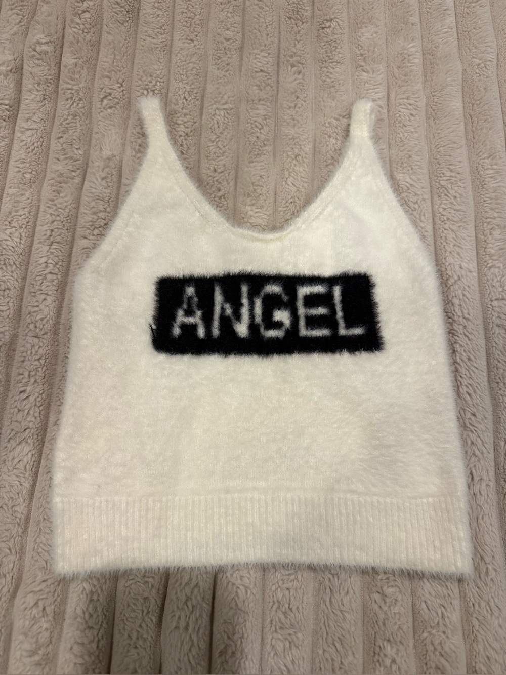 Forever 21 Cream Fuzzy Tank Top with Black 'ANGEL' Panel
